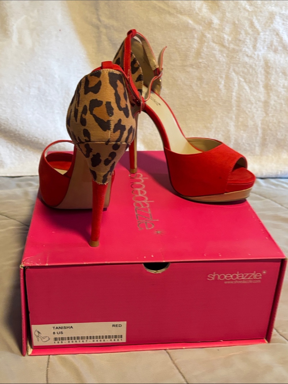 Shoe Dazzle Red Suede Peep-Toe Platform Heels with Leopard Heel